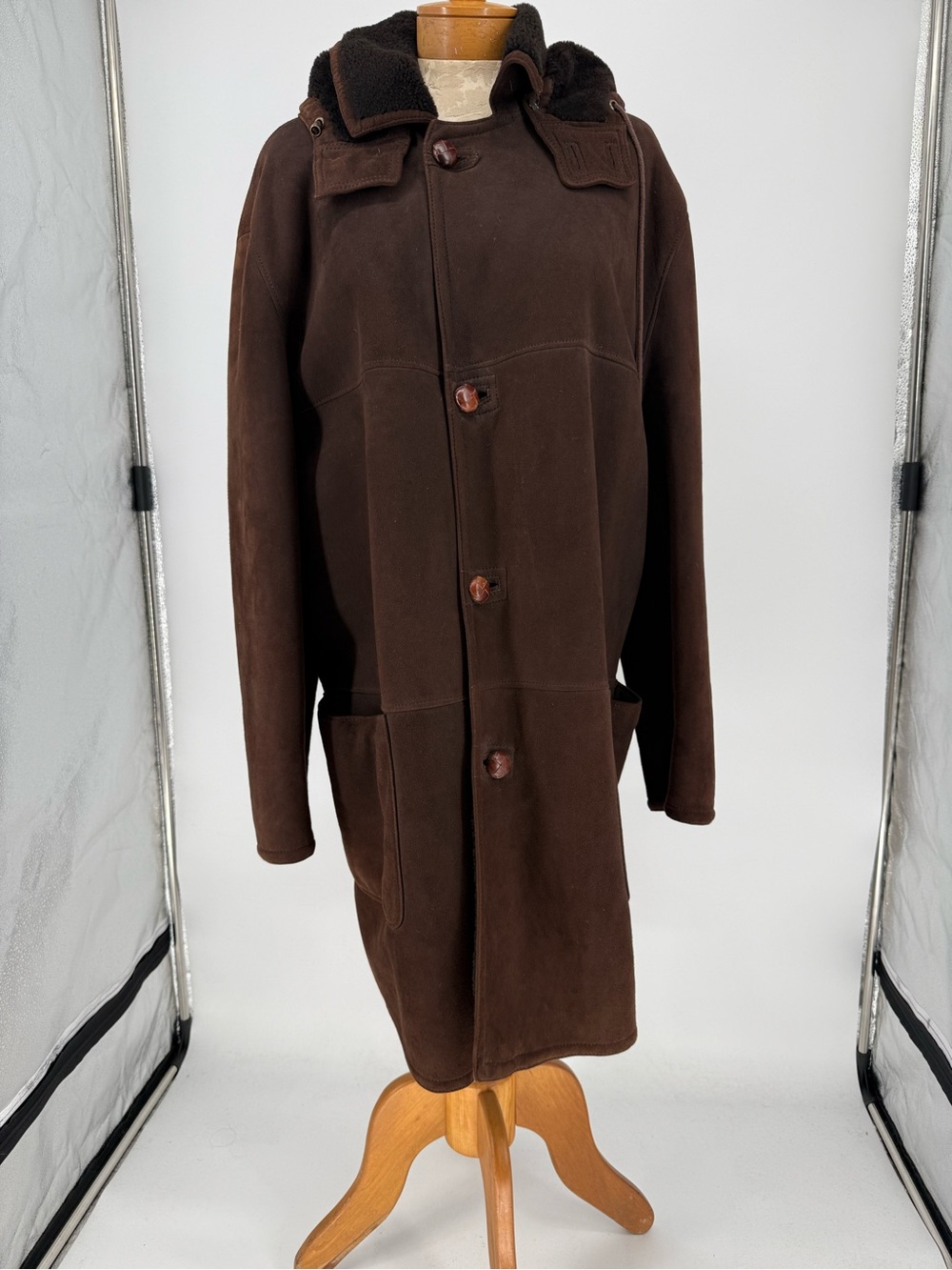 VTG Men's Western Leather & Shearling Brown Long Hooded Coat